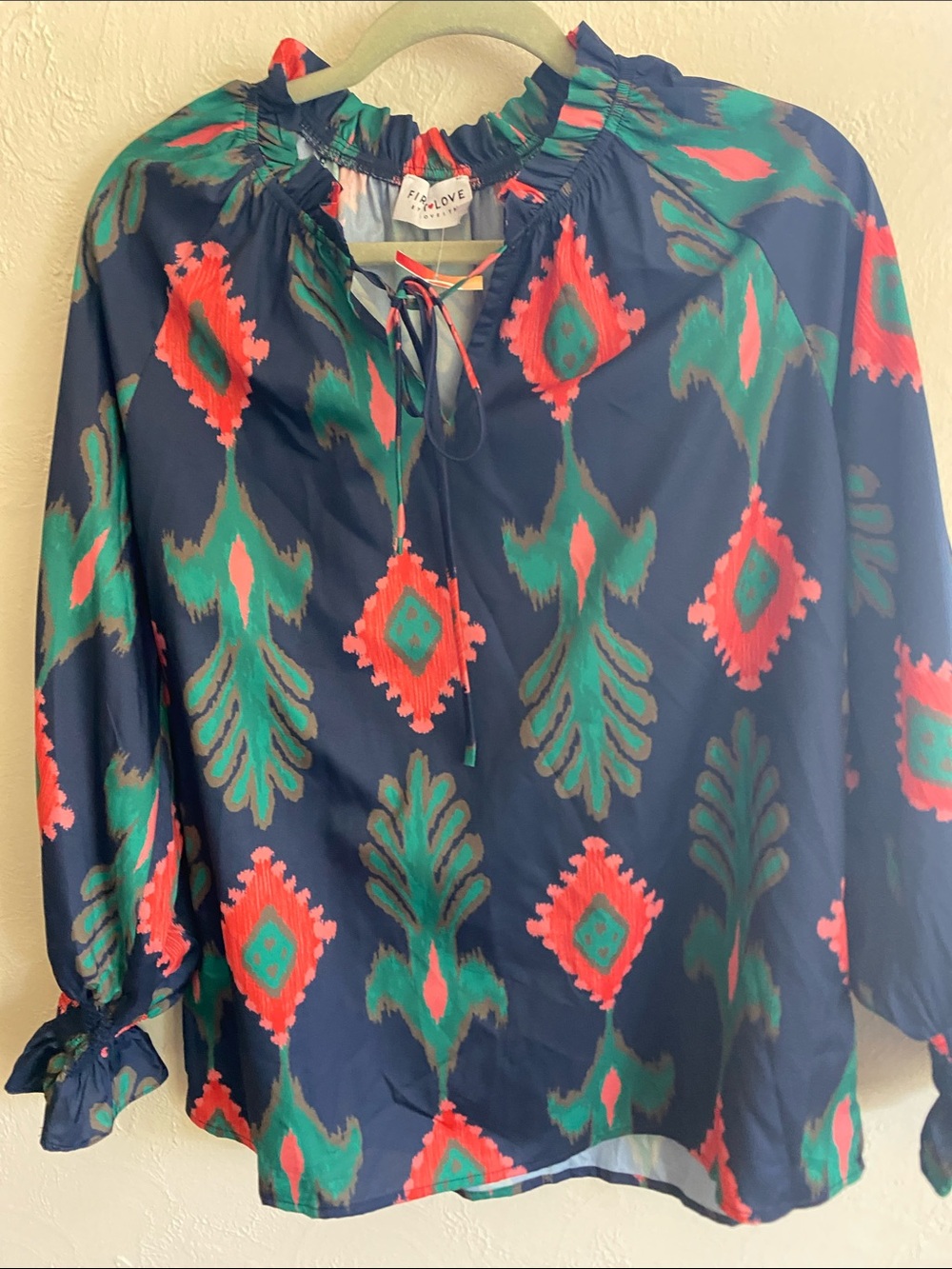 First Love Navy Ikat Tie-Neck Blouse - Teal & Coral